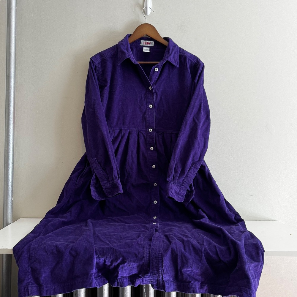 VTG FADS Royal Purple Corduroy Button Down Midi Dress Long Sleeve 100% Cotton